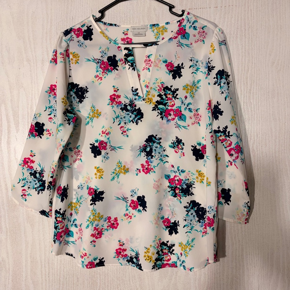 Van Heusen Floral Blouse Womens Medium White Pink 3/4 Sleeve Career